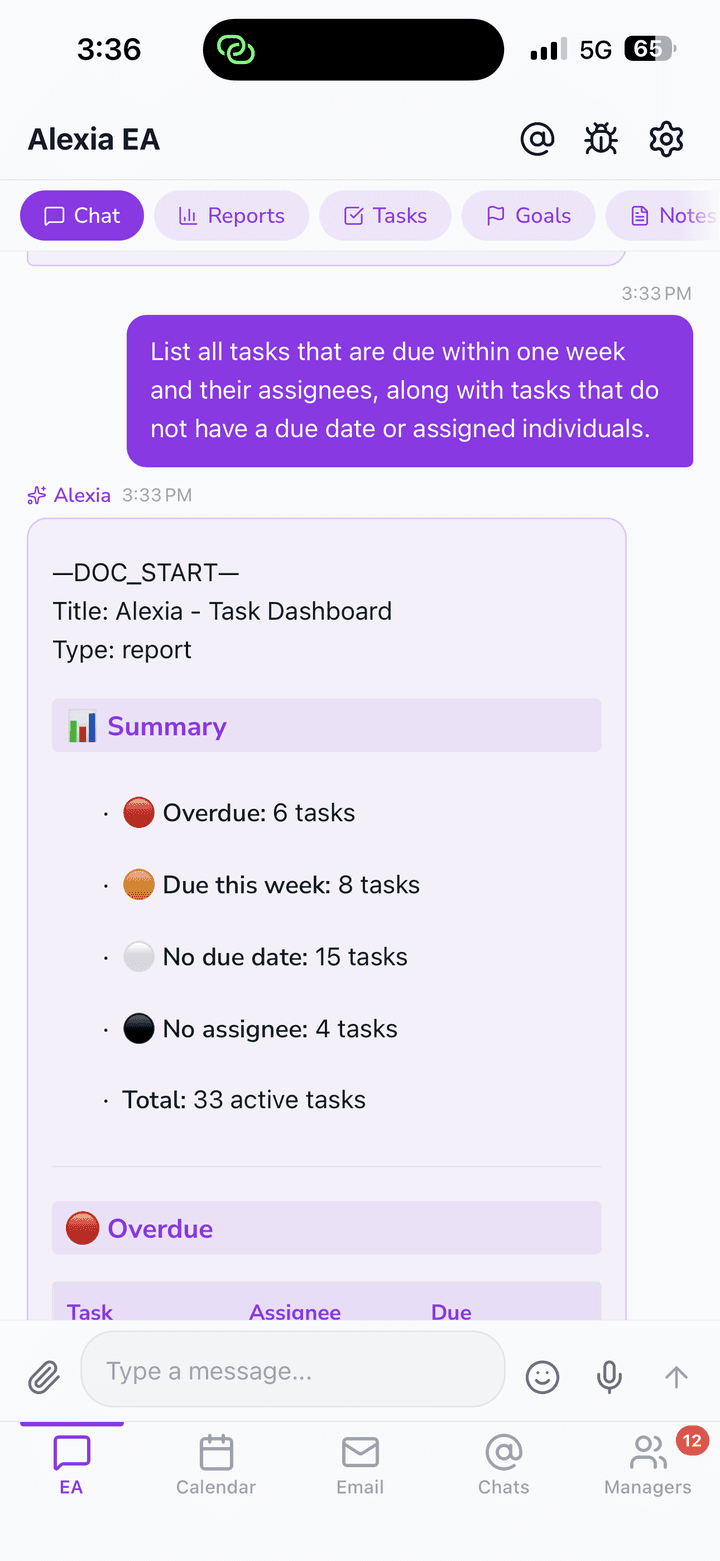 Alexia.ai mobile app creating a report from a chat request, with a summary of tasks and priorities