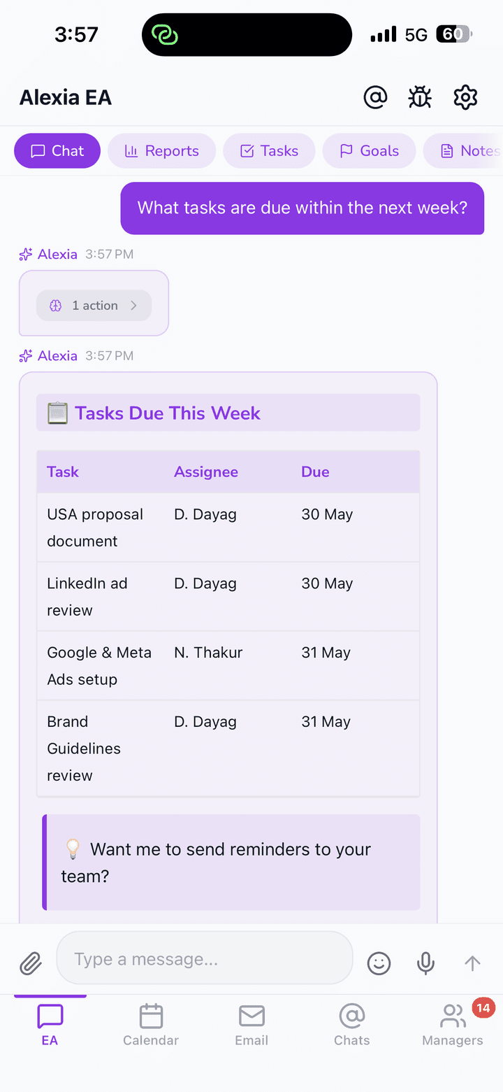 Alexia.ai mobile app showing the tasks list with priorities and due dates