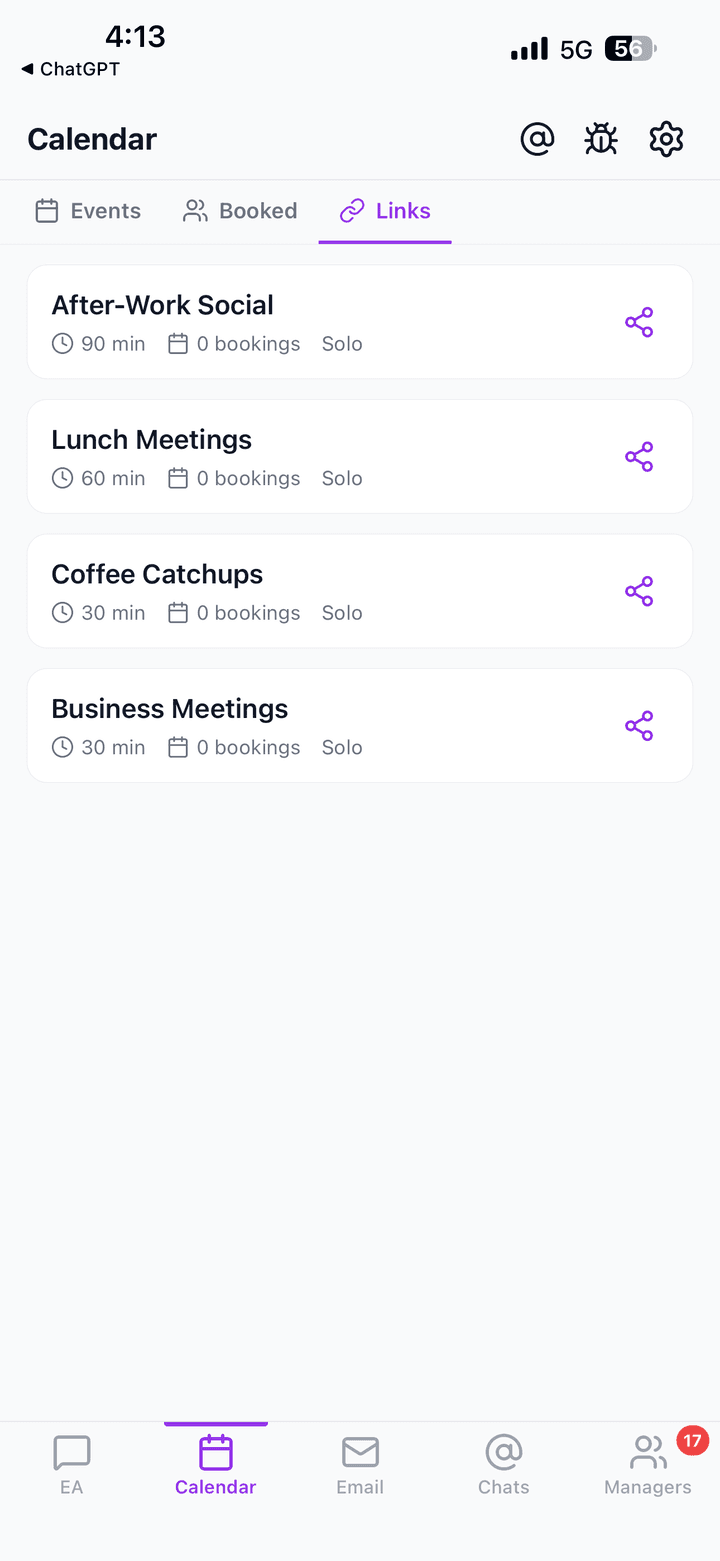 Alexia.ai mobile app showing the calendar with upcoming meetings