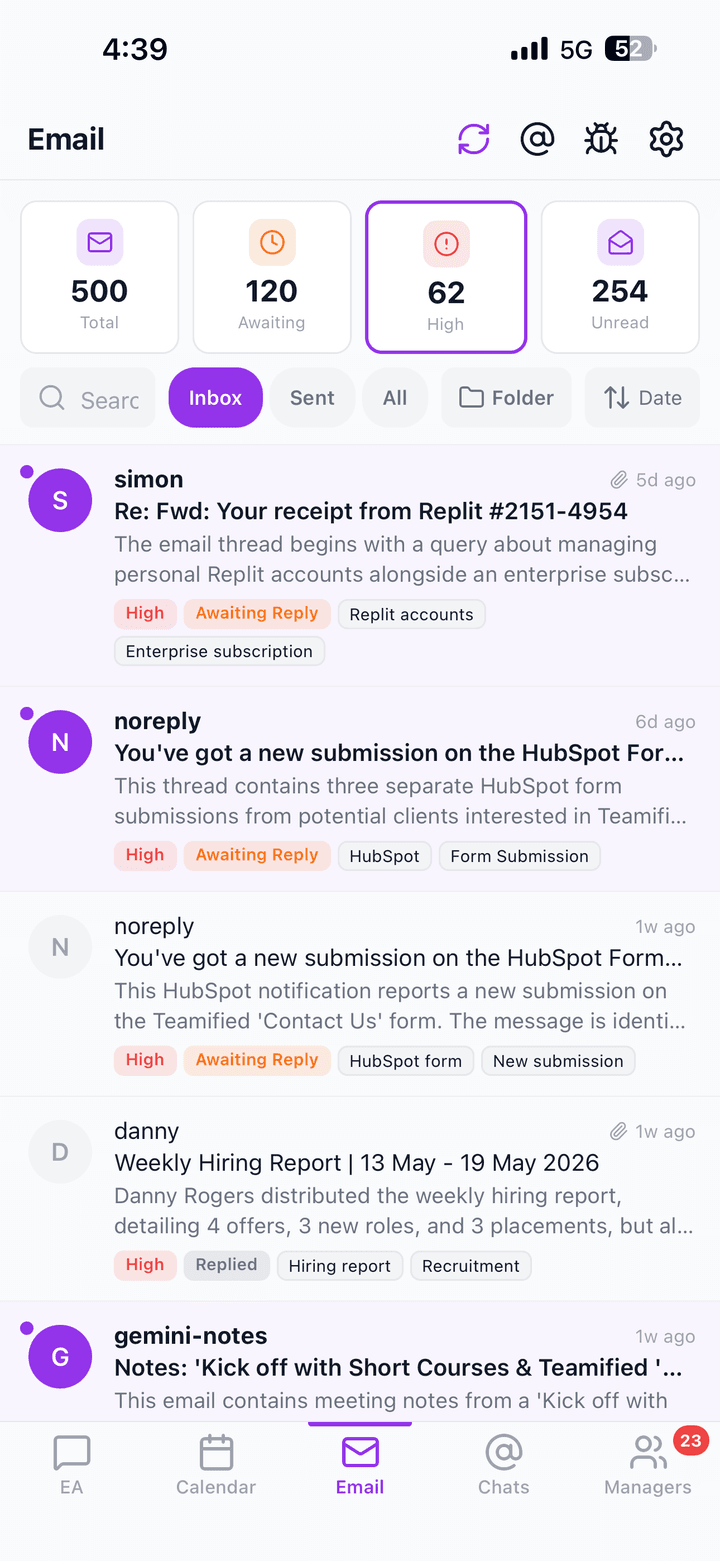 Alexia.ai mobile app showing the unified inbox with messages and updates