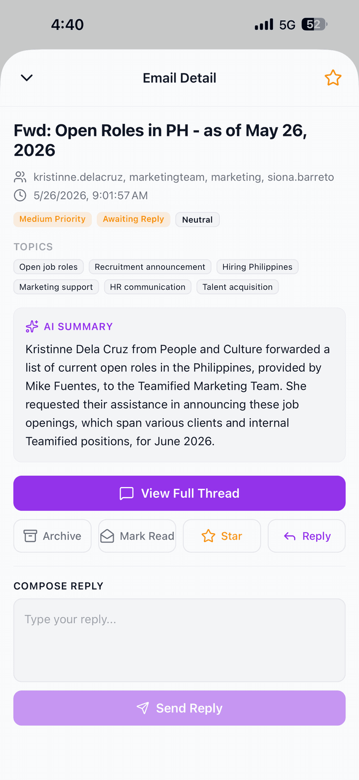 Alexia.ai mobile app showing an email with AI-suggested actions