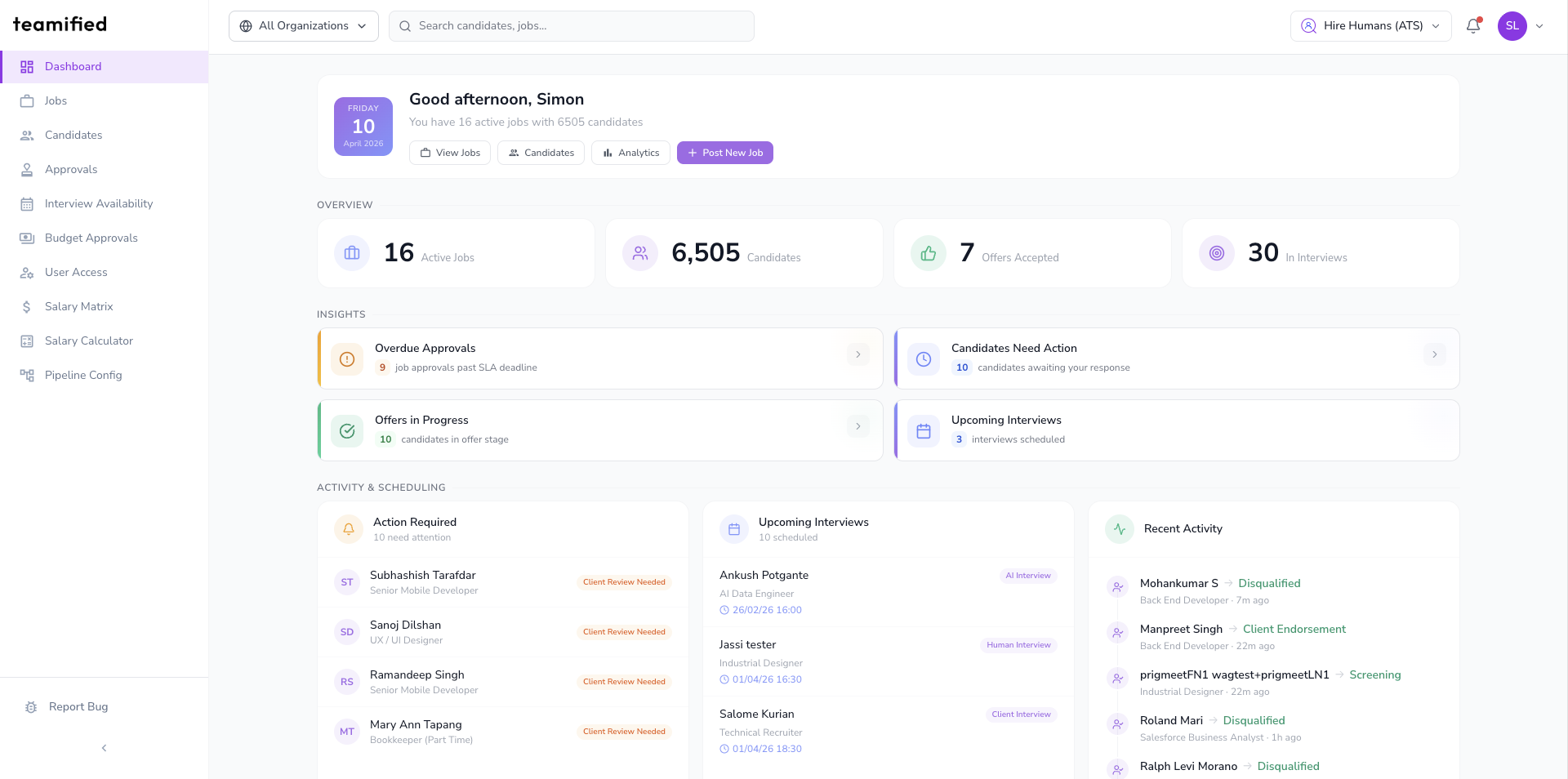 ATS dashboard showing 16 active jobs, 6,505 candidates, insights, and upcoming interviews