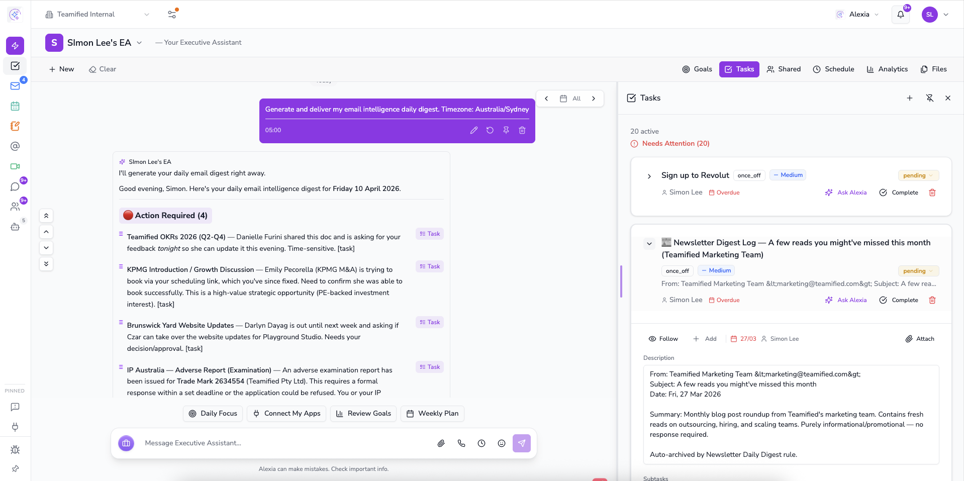 Tasks panel with Action Required items and daily email digest
