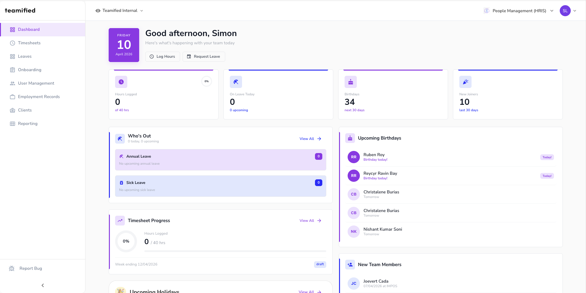 HRIS dashboard showing team overview with leave, birthdays, and timesheets