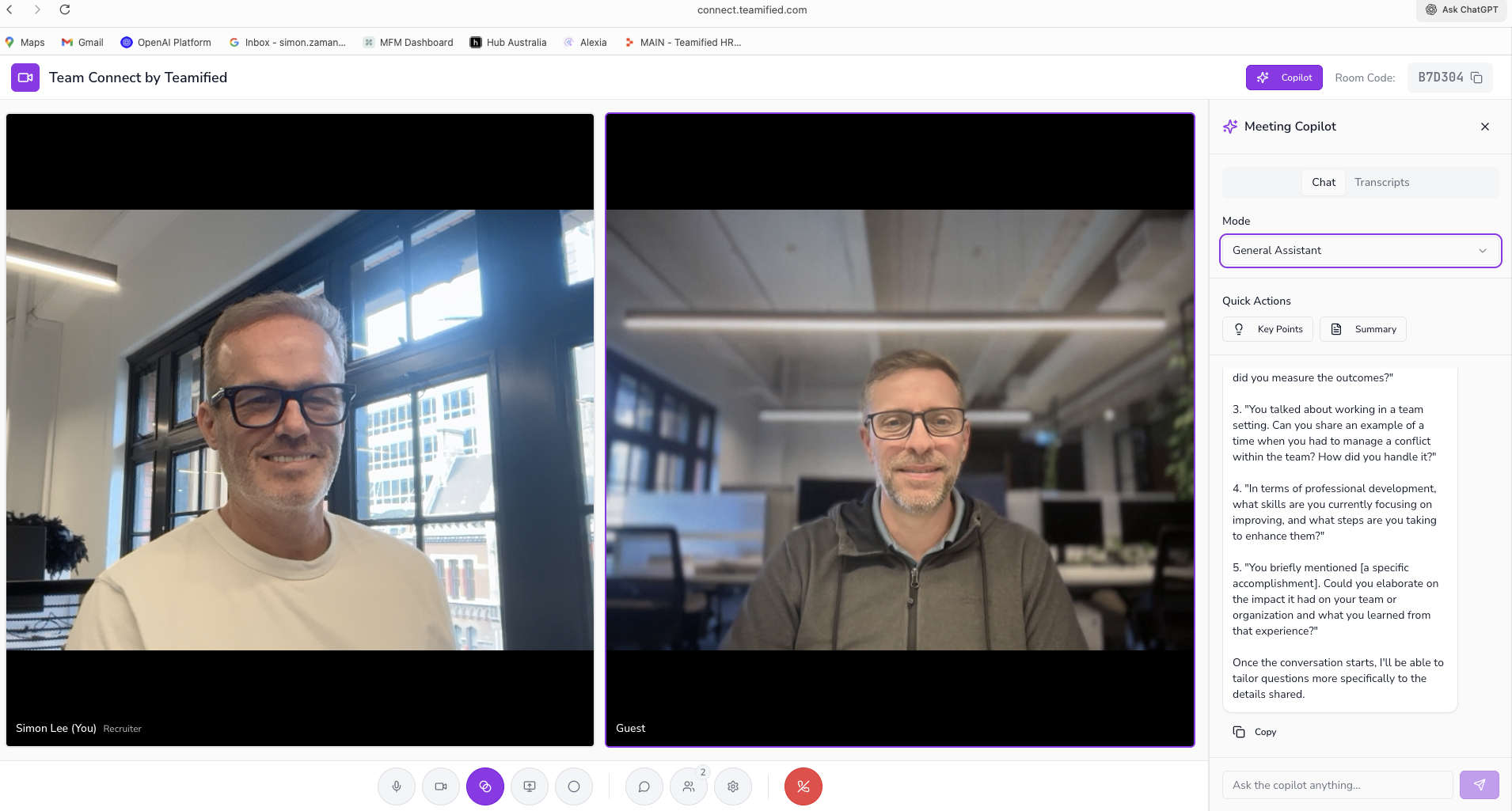 Team Connect video call showing two participants with the Meeting Copilot sidebar open
